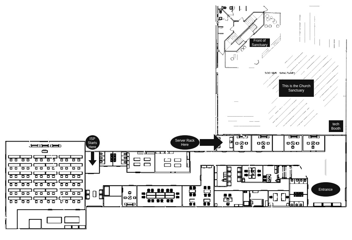 Labelled floor plan: sanctuary top right with tech booth, ISP entry and server rack marked on the corridor, fellowship hall left